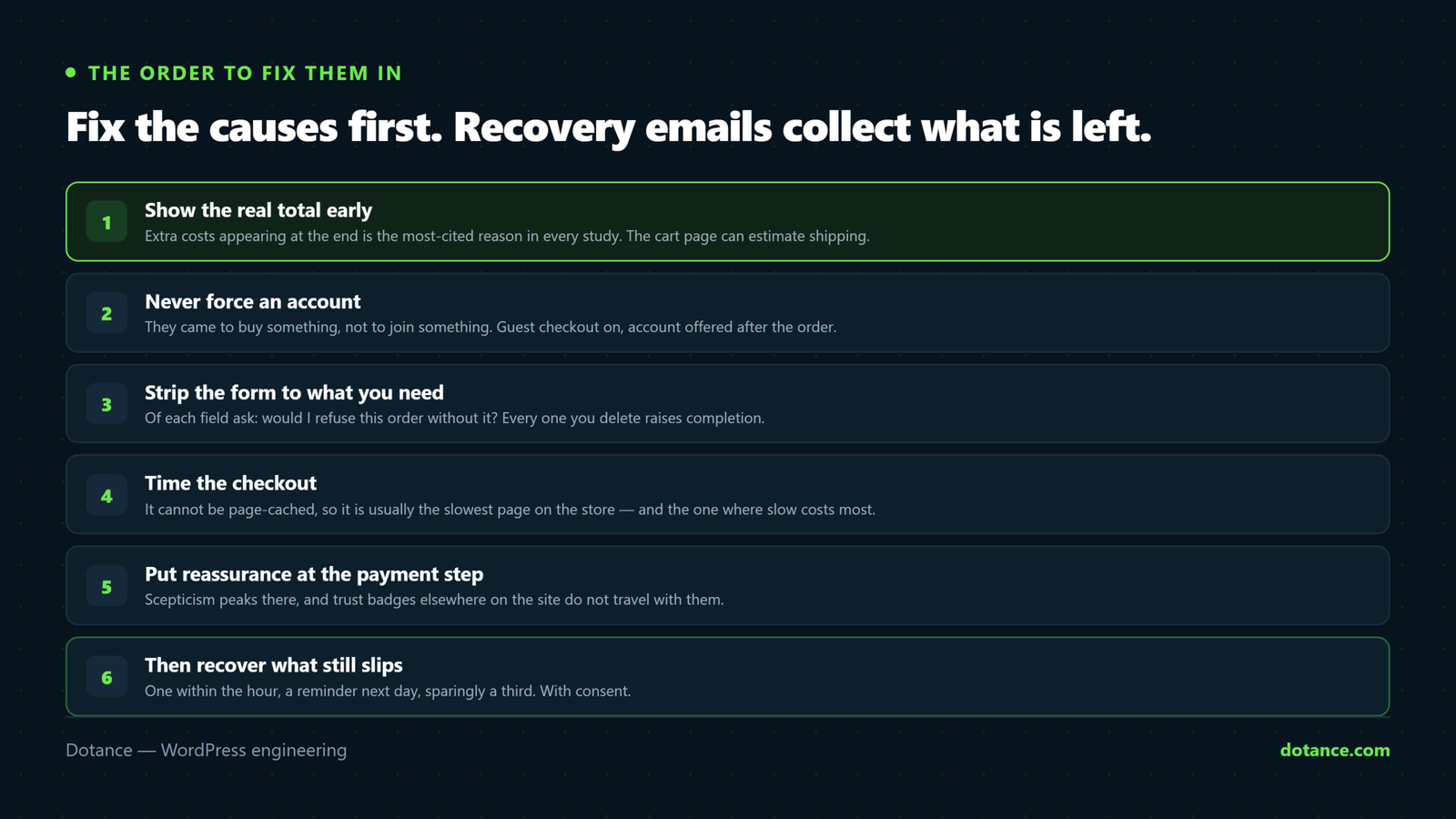 The order for reducing WooCommerce cart abandonment: show the real total before checkout, allow guest checkout, remove unnecessary form fields, measure checkout speed, place reassurance at the payment step, and only then add recovery emails.