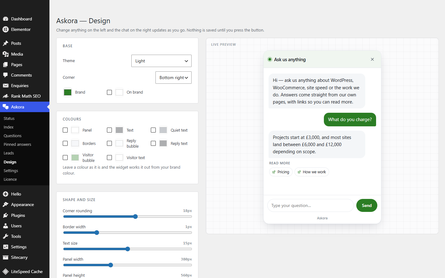 The Askora design screen with colour controls and a live preview of the chat