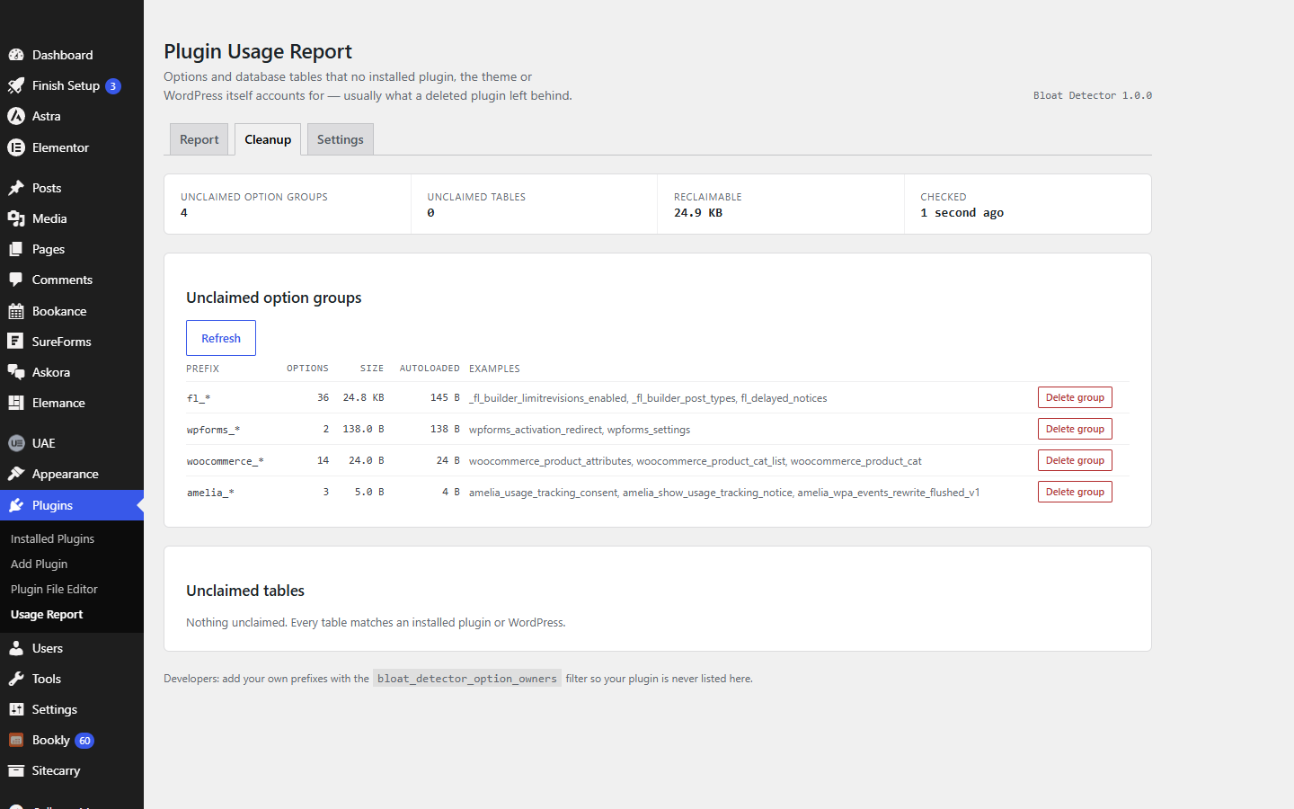 The Bloat Detector Cleanup tab listing unclaimed option groups