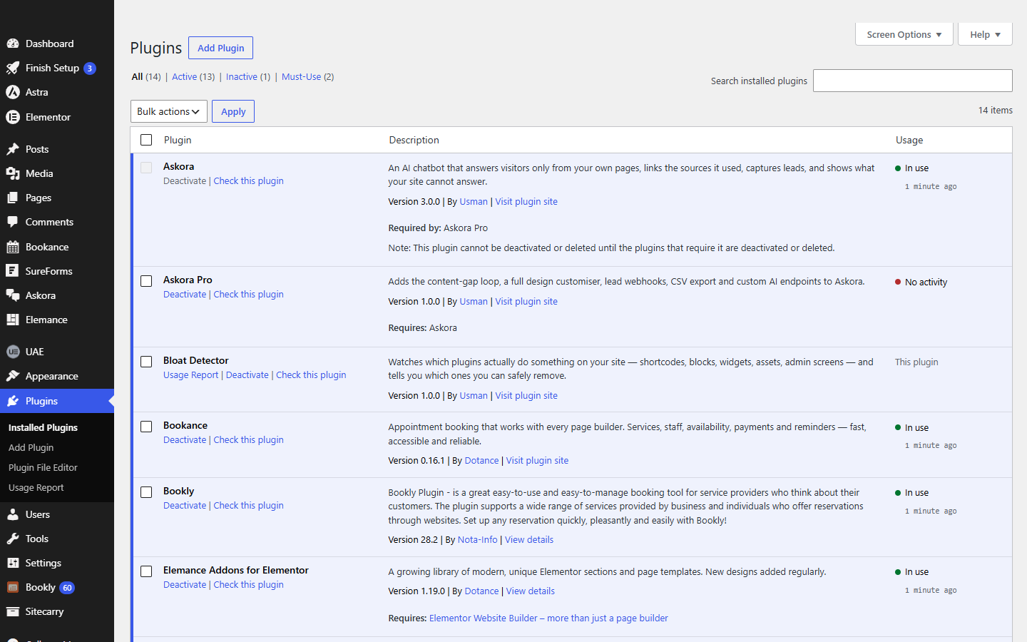 The Usage column Bloat Detector adds to the WordPress Plugins screen