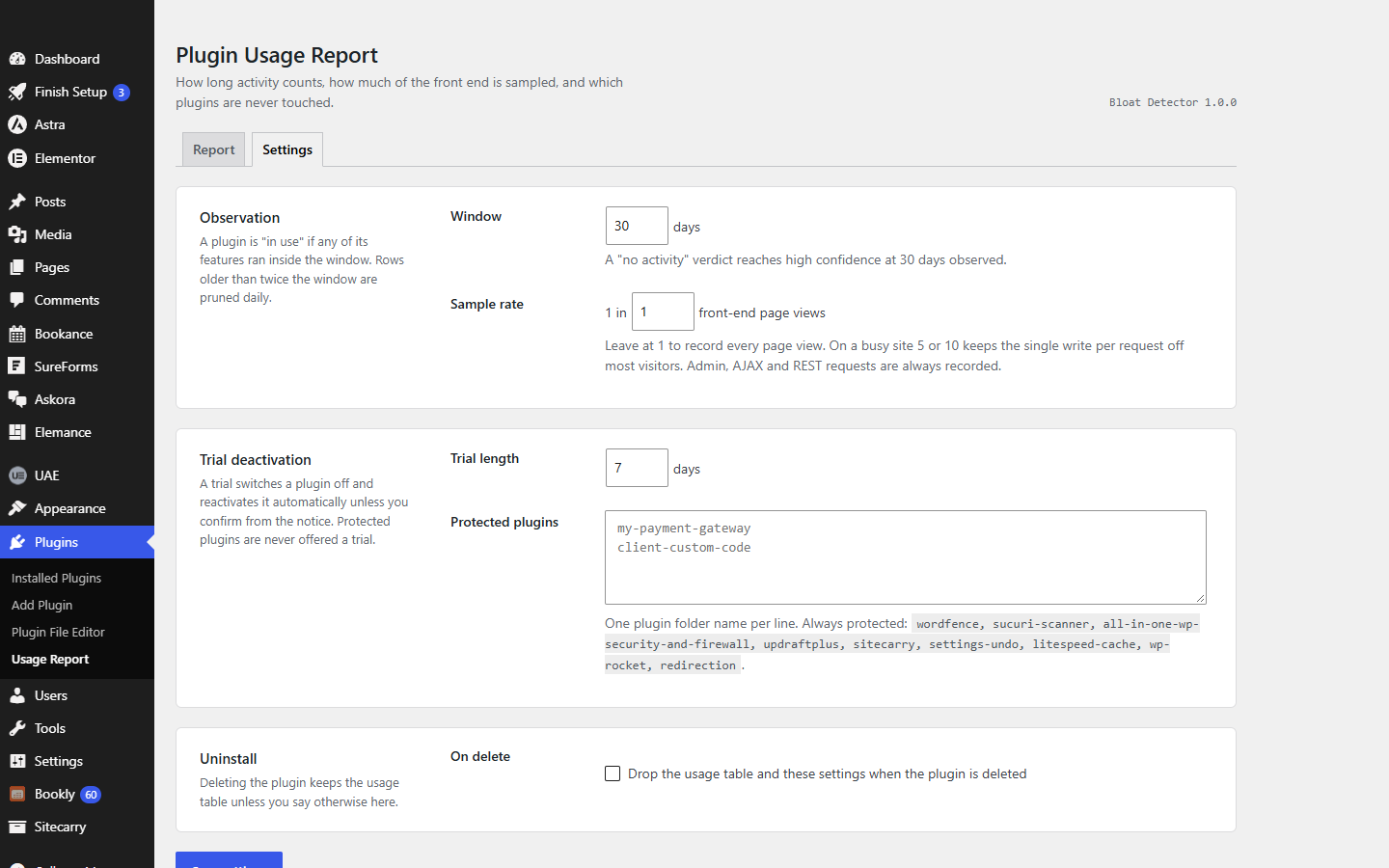 The Bloat Detector settings screen