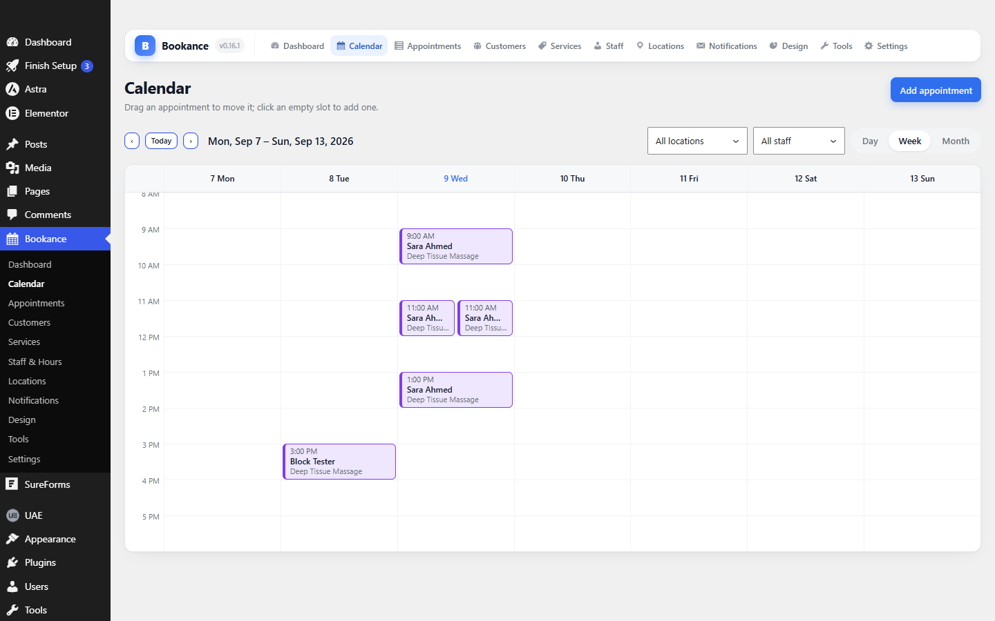 The Bookance admin calendar in week view with colour-coded appointments