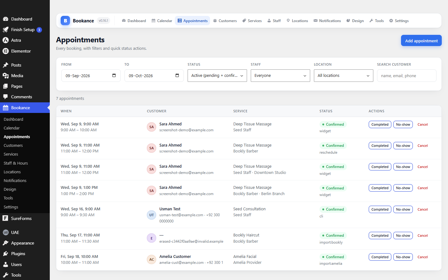 The Bookance appointments screen with filters and status actions