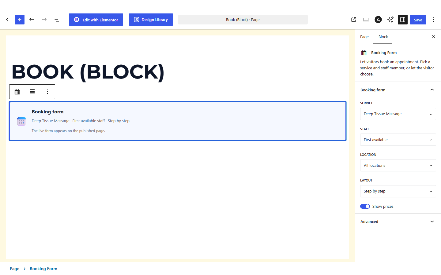 The Bookance Booking Form block selected in the Gutenberg editor