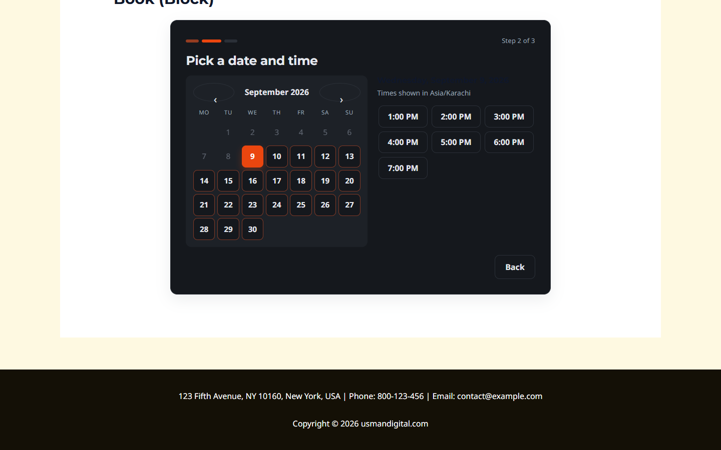 The Bookance booking form inside a Gutenberg page, showing the calendar and available times