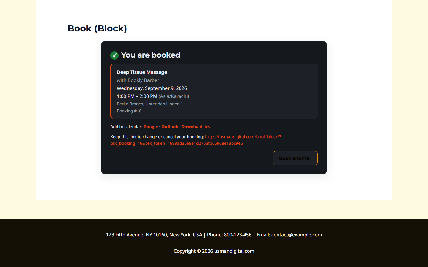 The Bookance confirmation screen with the booking summary and calendar links