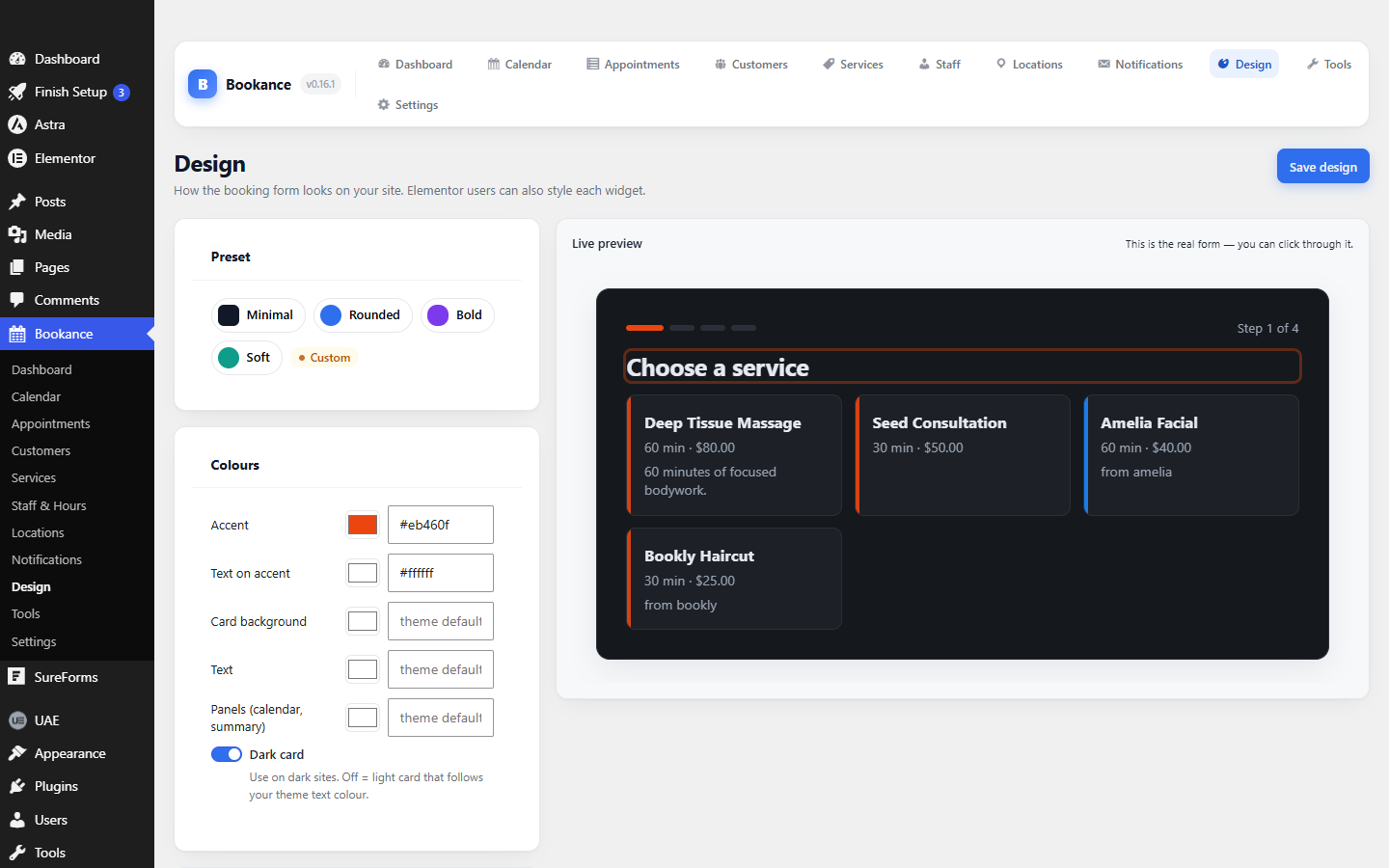 The Bookance design screen with presets and a live preview