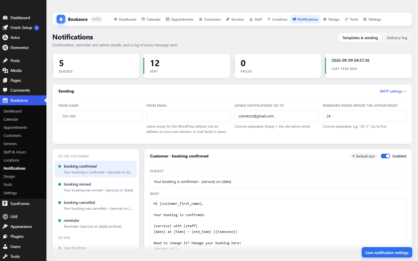 The Bookance notifications screen with email templates, a test send and the delivery log