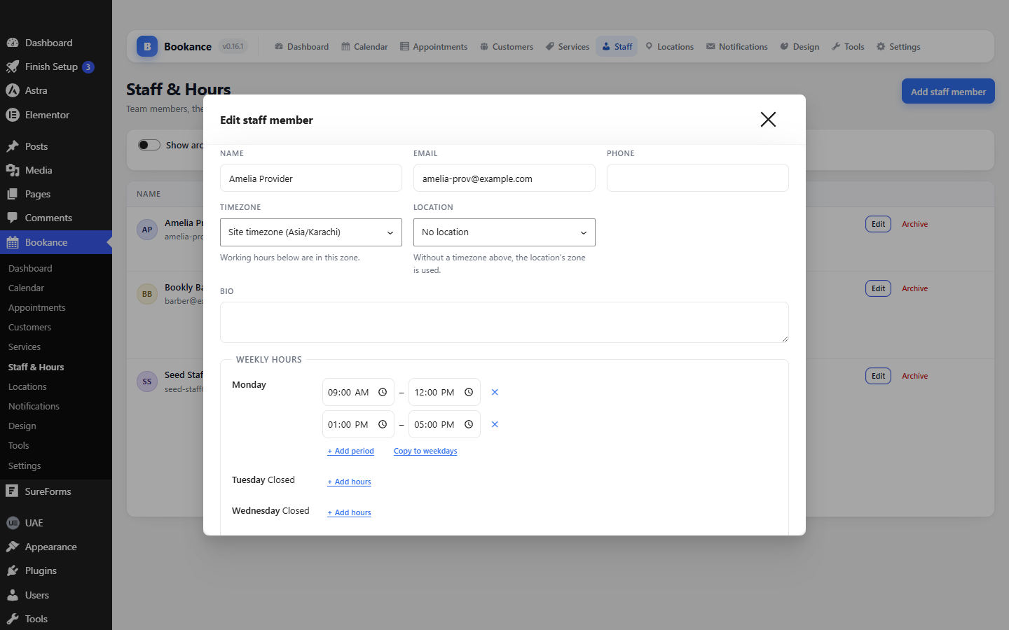 The Bookance staff editor with weekly hours and date overrides