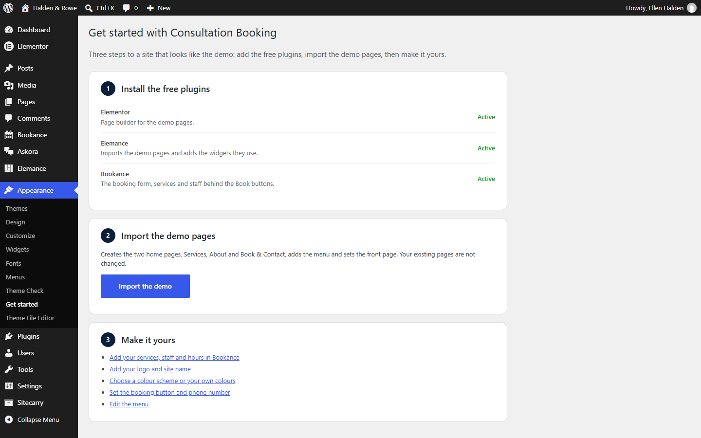 The Get started screen: install the free plugins, import the demo, make it yours
