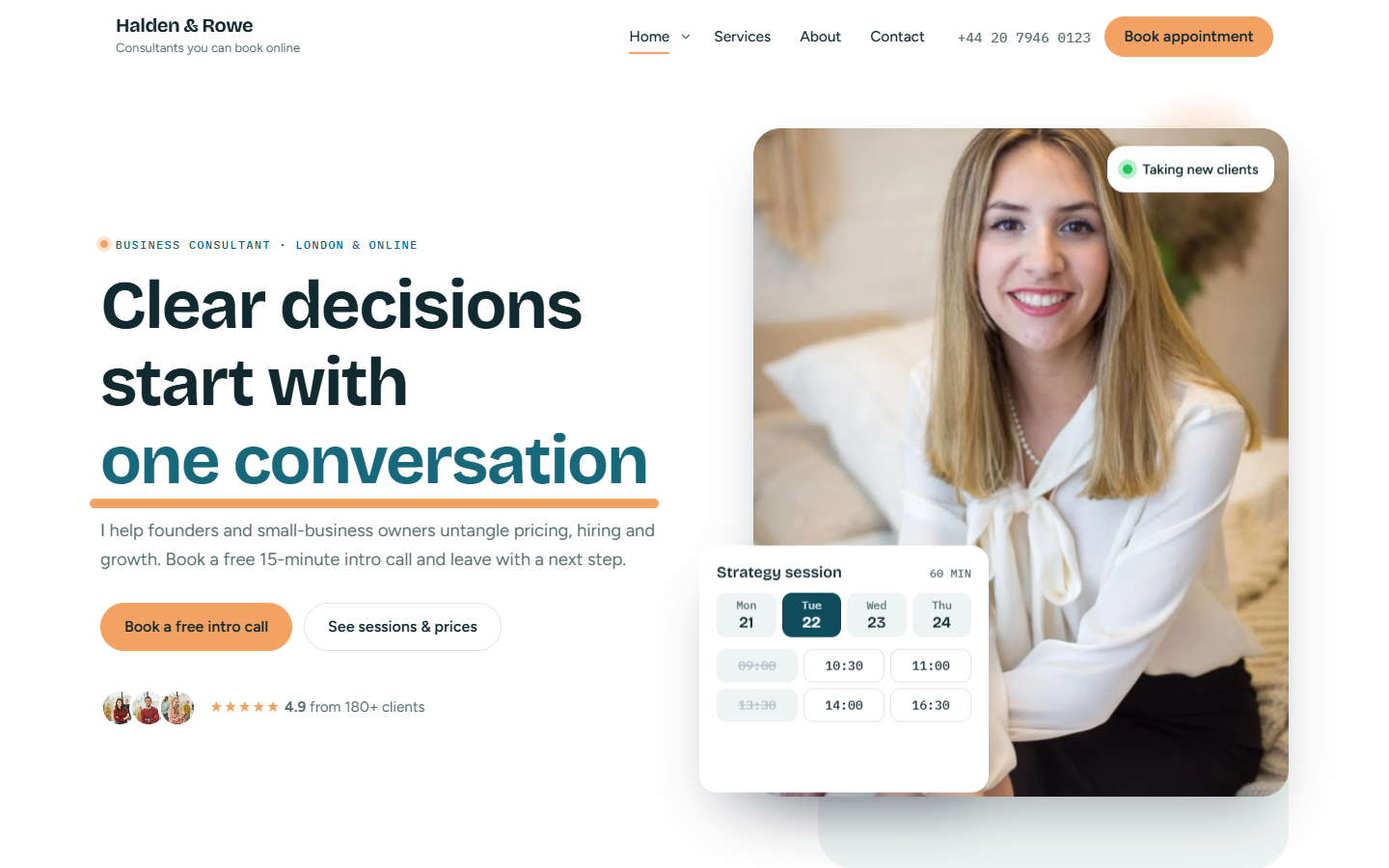 Consultant WordPress theme home page with a live booking slot card