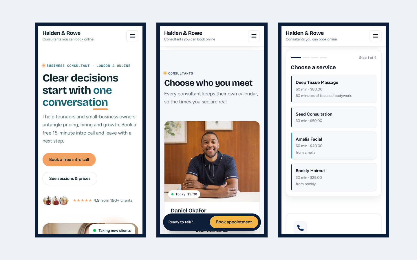 Three phone screens of the WordPress booking theme