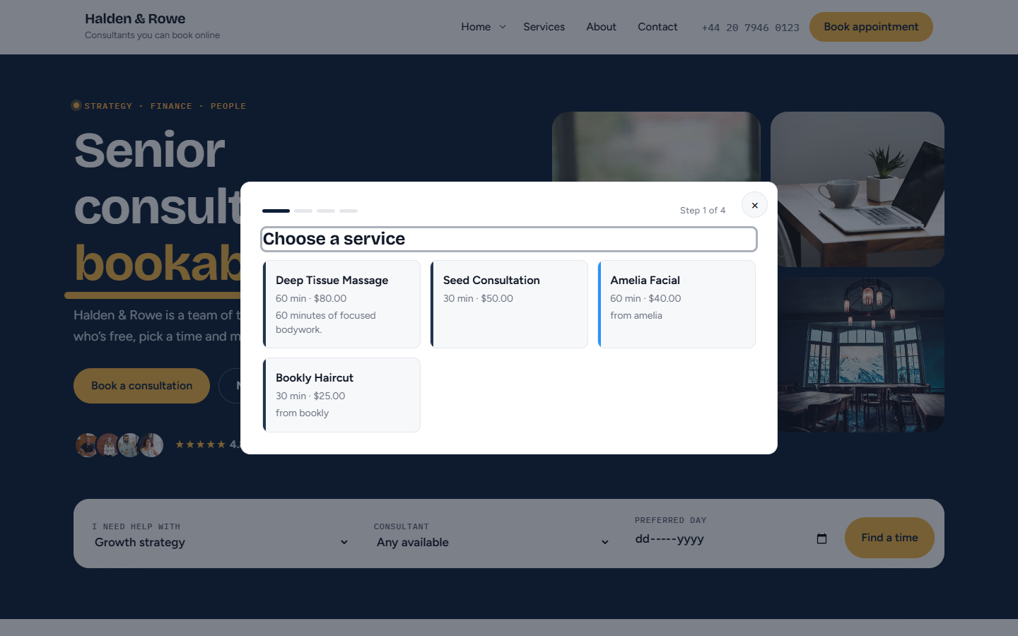 The booking form opened in a popup from the header button