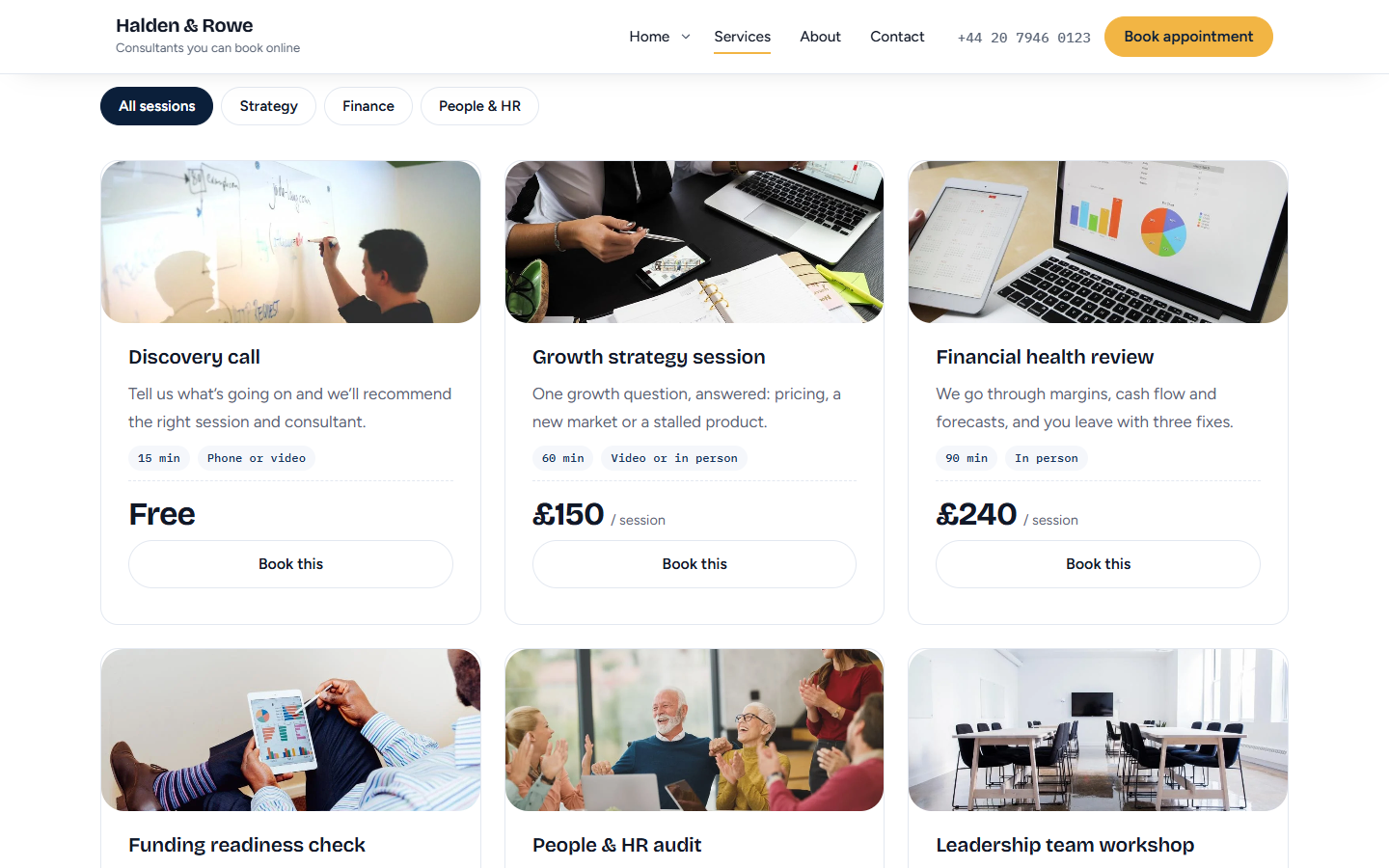 Services page with filter tabs and session cards