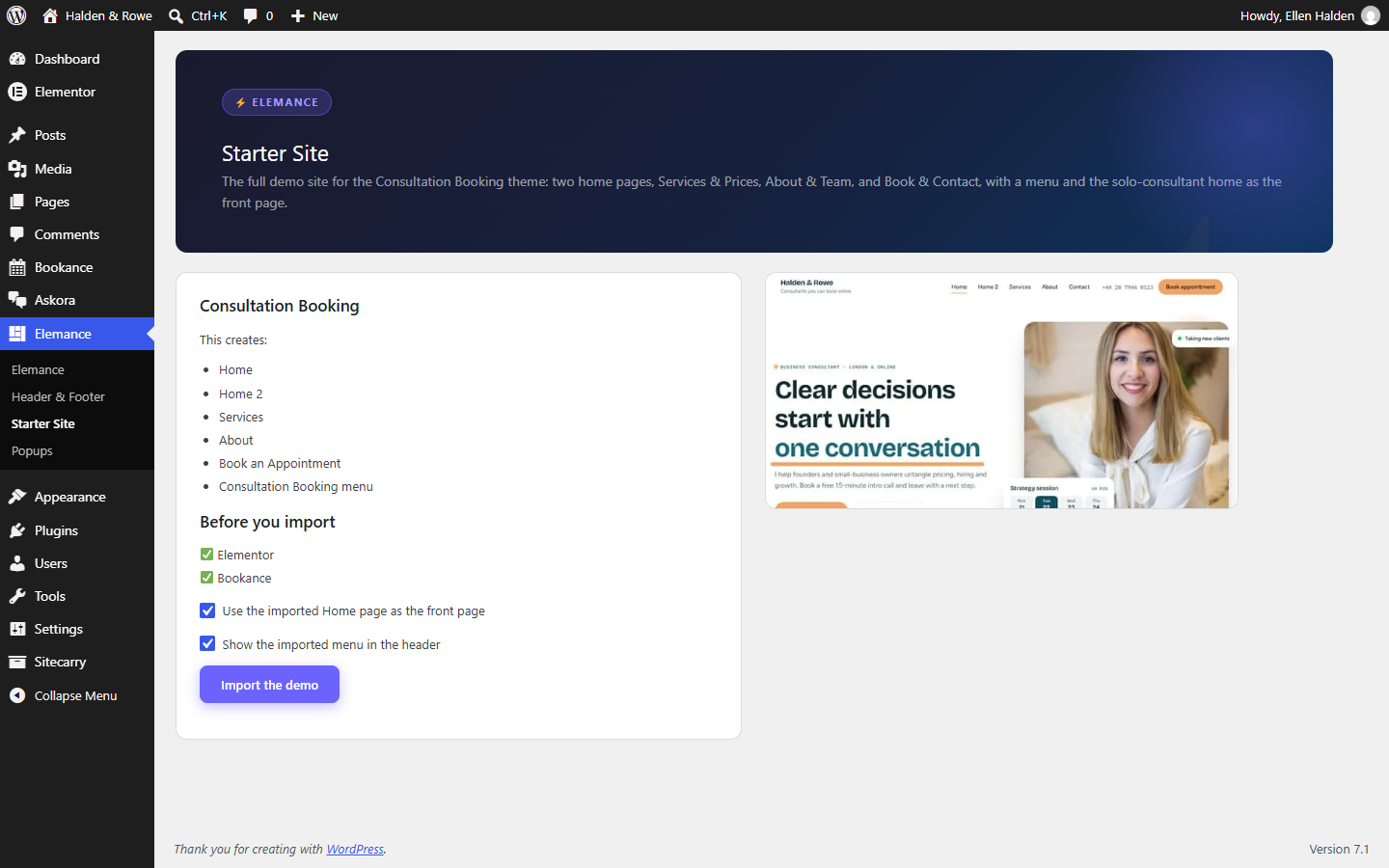 The Elemance Starter Site screen that imports the demo