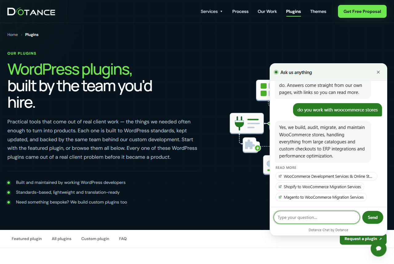 The Dotance Chat chat widget open on a page, answering a question with source links below it