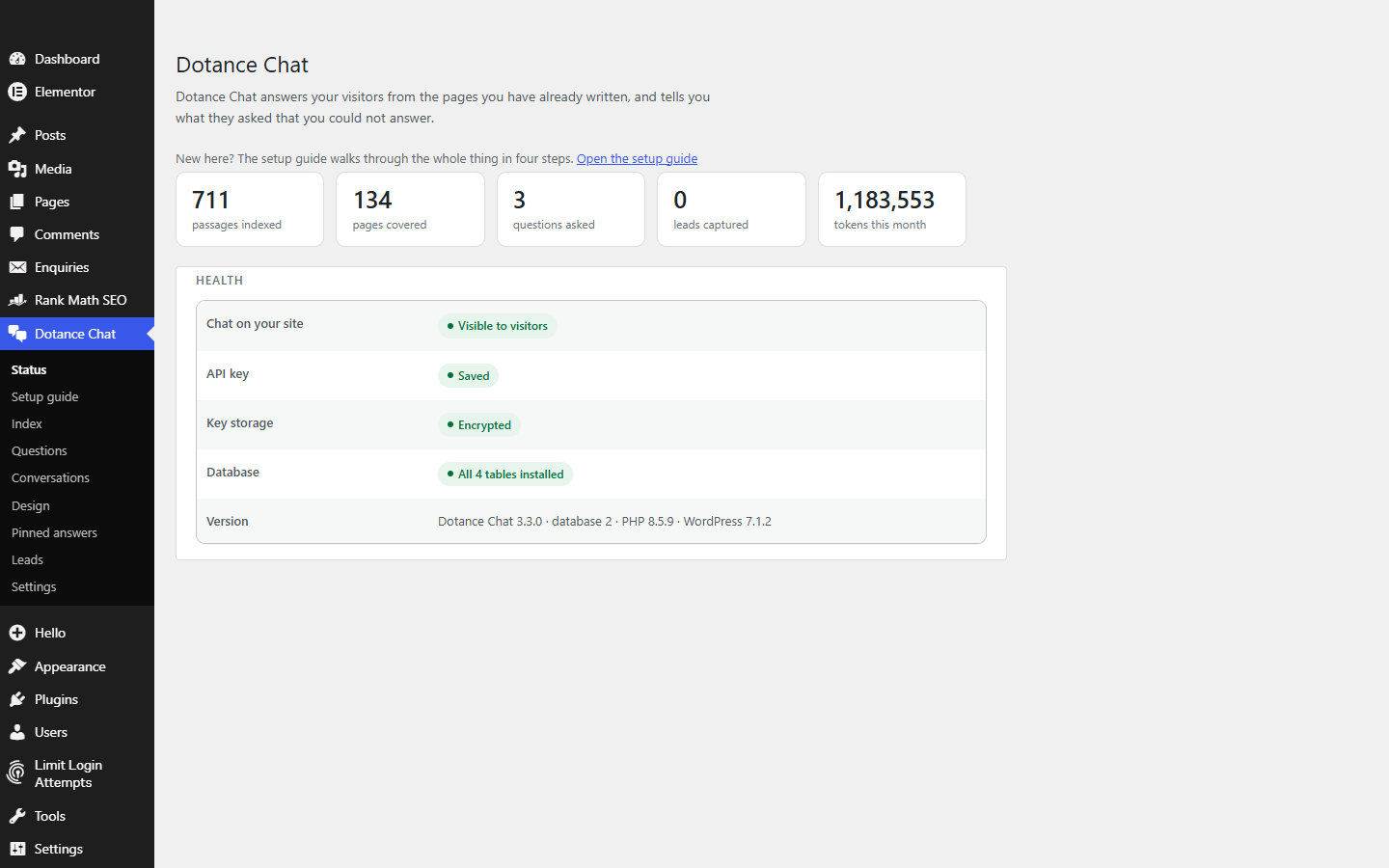 The Dotance Chat status screen with passage, page, question and lead counts