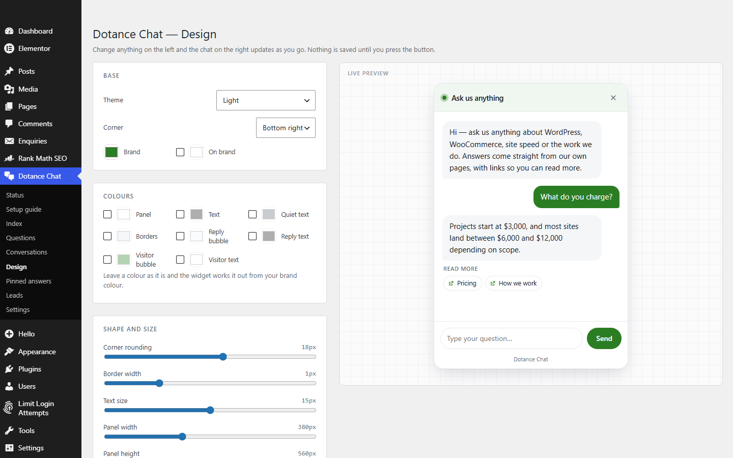 The Dotance Chat design screen with colour controls and a live preview of the chat