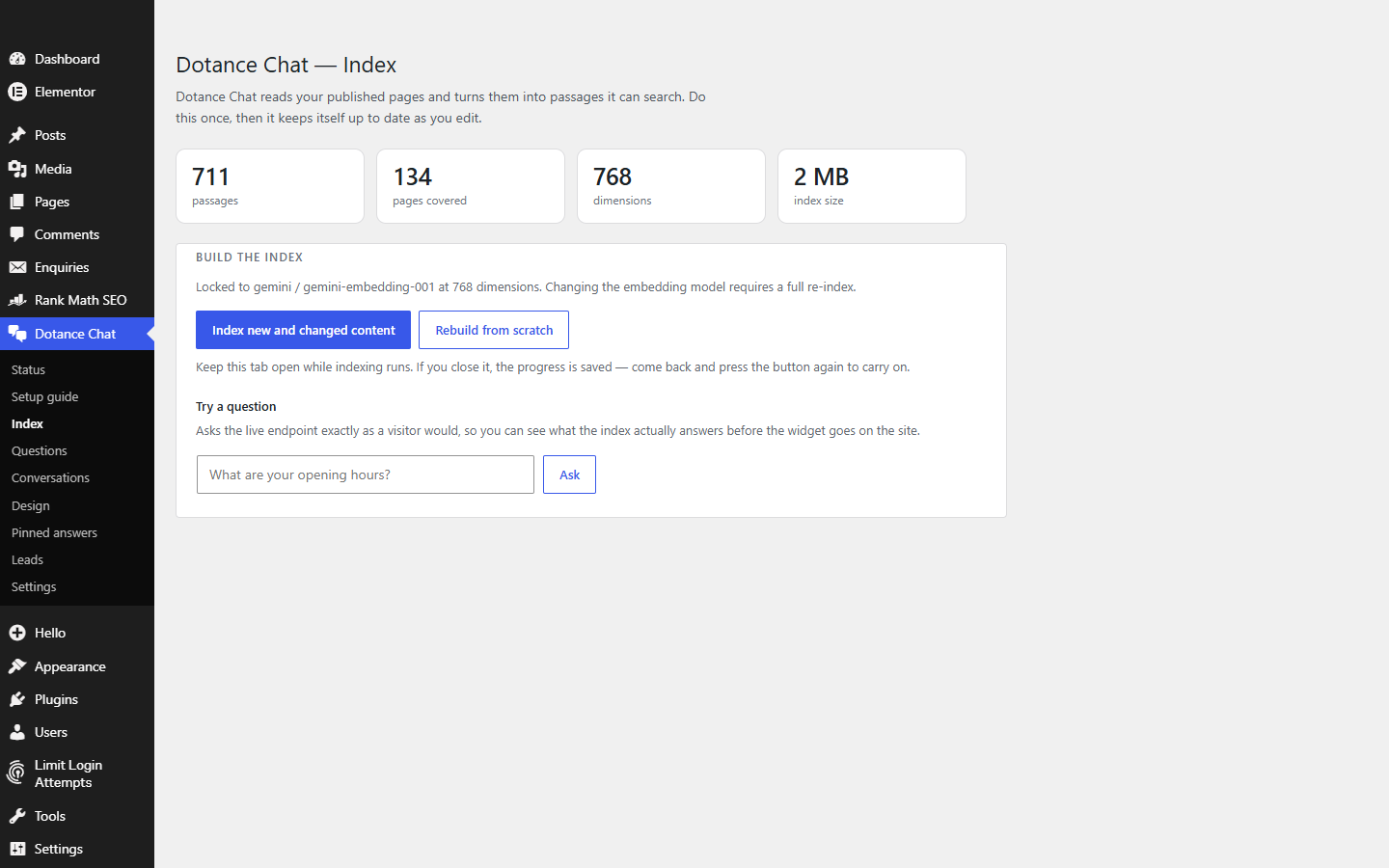The Dotance Chat index screen showing passage counts and the index buttons