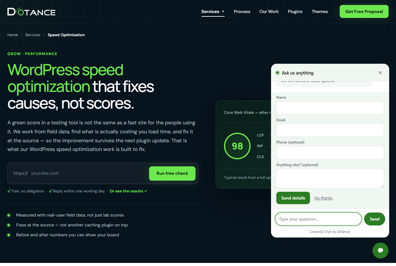 The Dotance Chat chat showing the lead form with name, email and phone fields