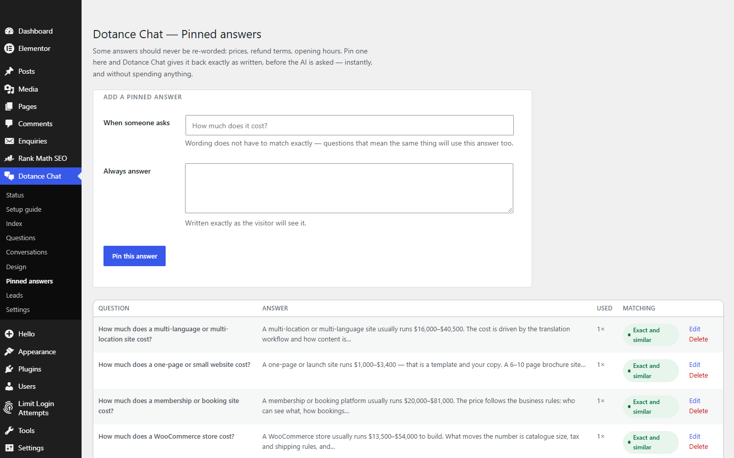 The Dotance Chat pinned answers screen with a list of pinned pricing answers