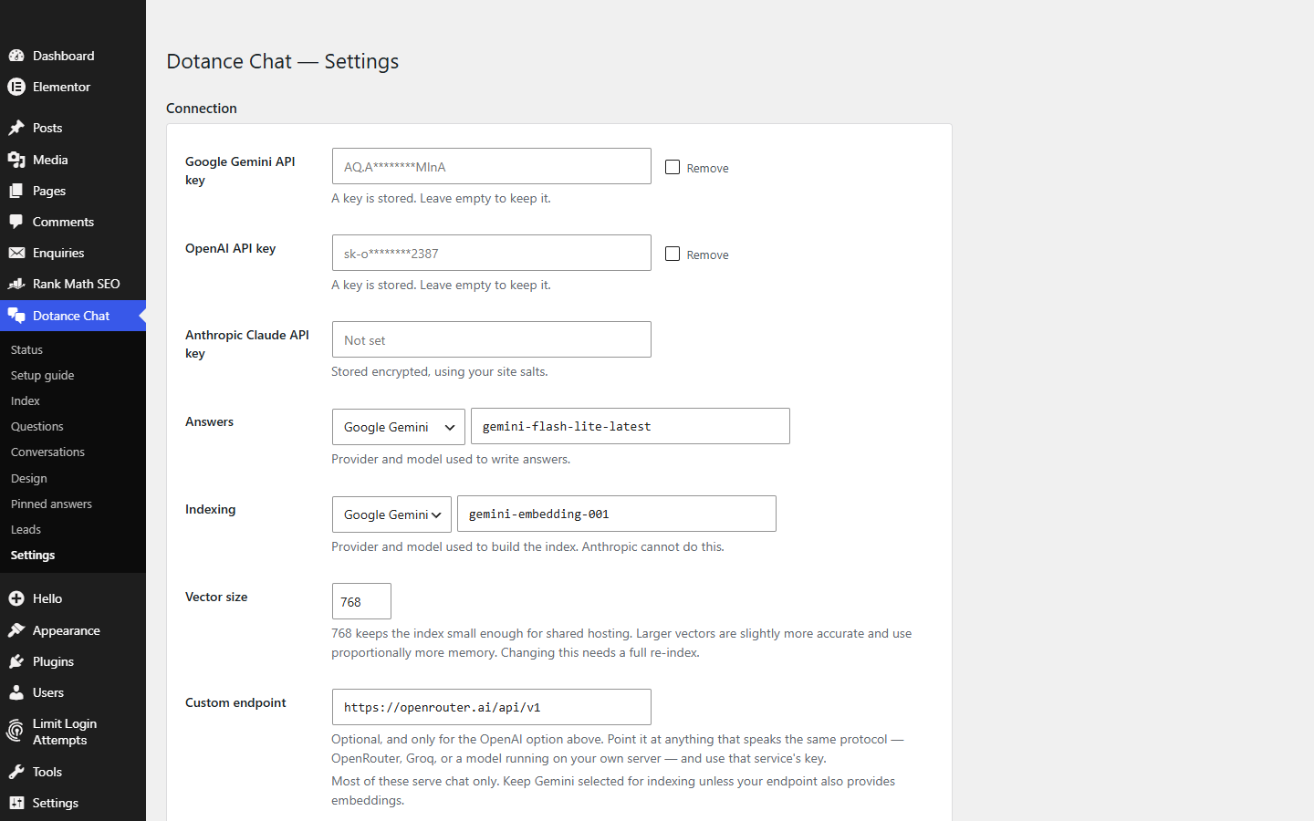 The Dotance Chat settings screen showing provider, model and vector size fields