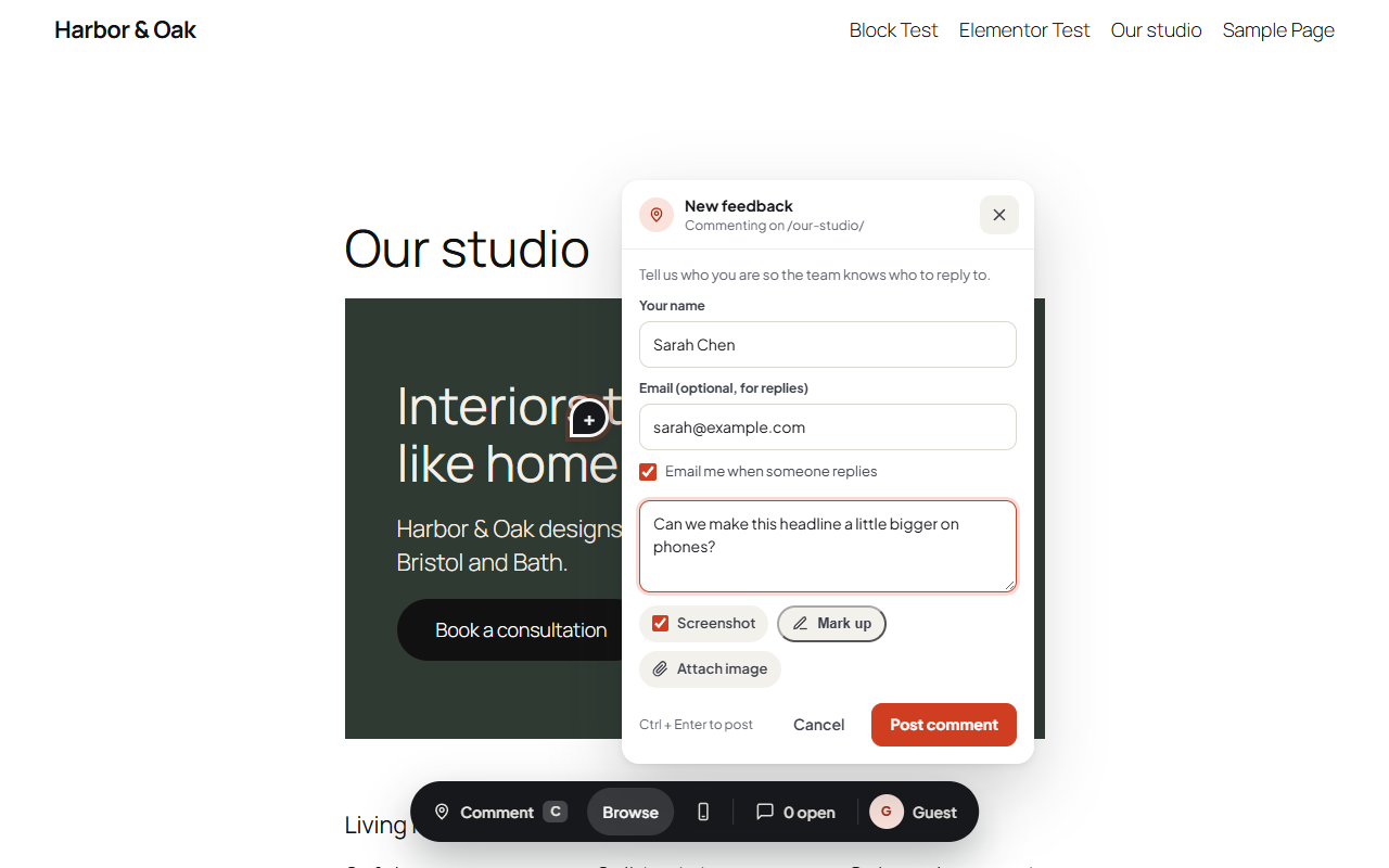 The Dotance Website Feedback comment box with name, email, comment, screenshot and markup options