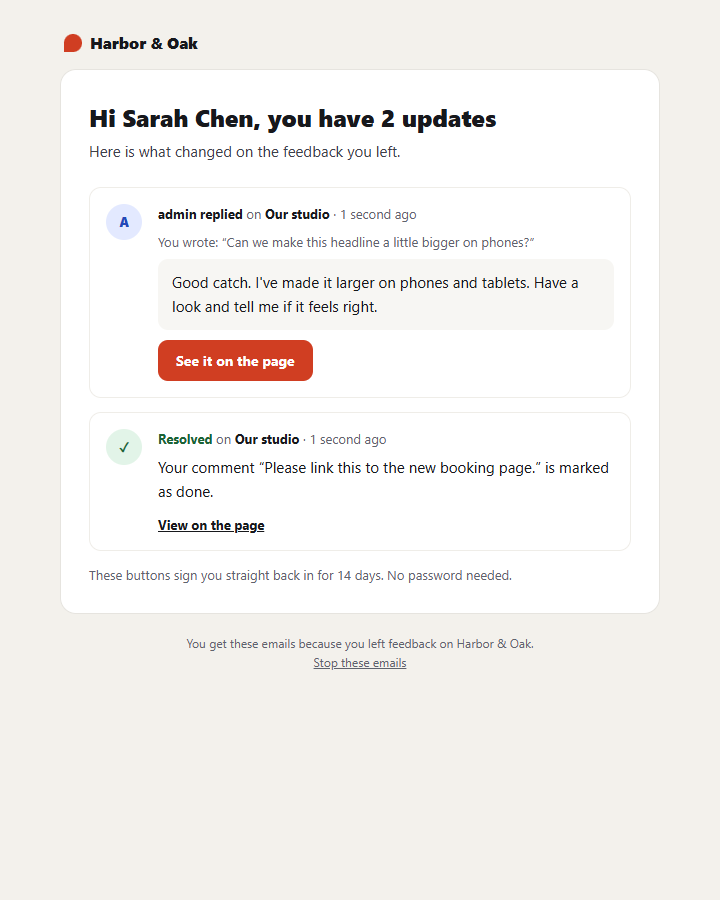 The notification email a client receives after a reply