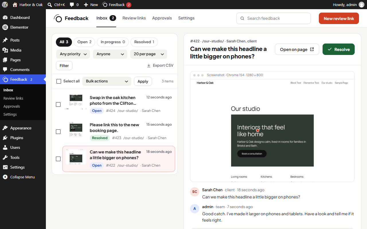 The Dotance Website Feedback inbox with a comment, its screenshot and the conversation