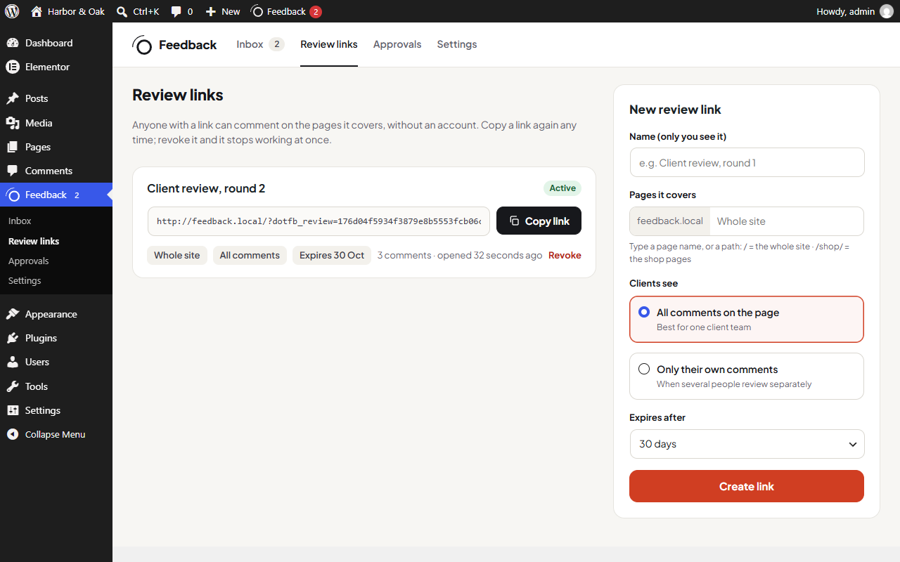 The review links screen with a copyable link and the new link form
