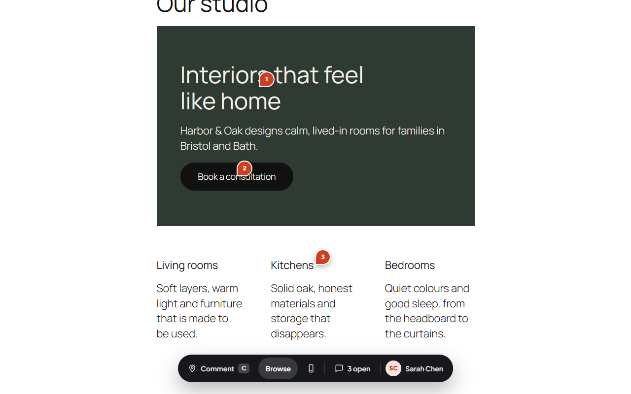 Three numbered feedback pins on a live WordPress page with the Dotance Website Feedback toolbar