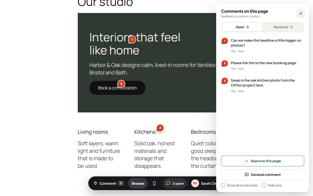 The comments panel listing feedback on the page with an Approve this page button