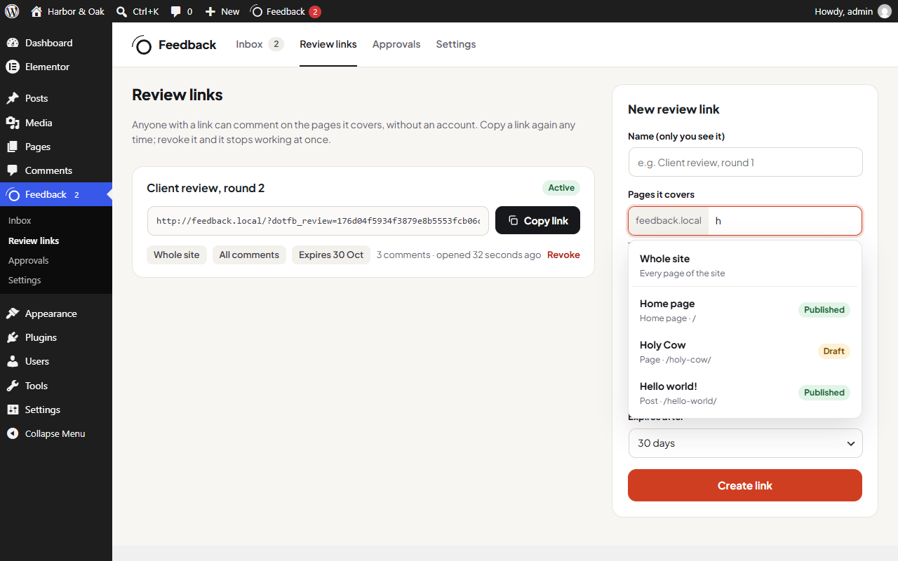 The page picker listing the whole site, the home page, a draft and a post