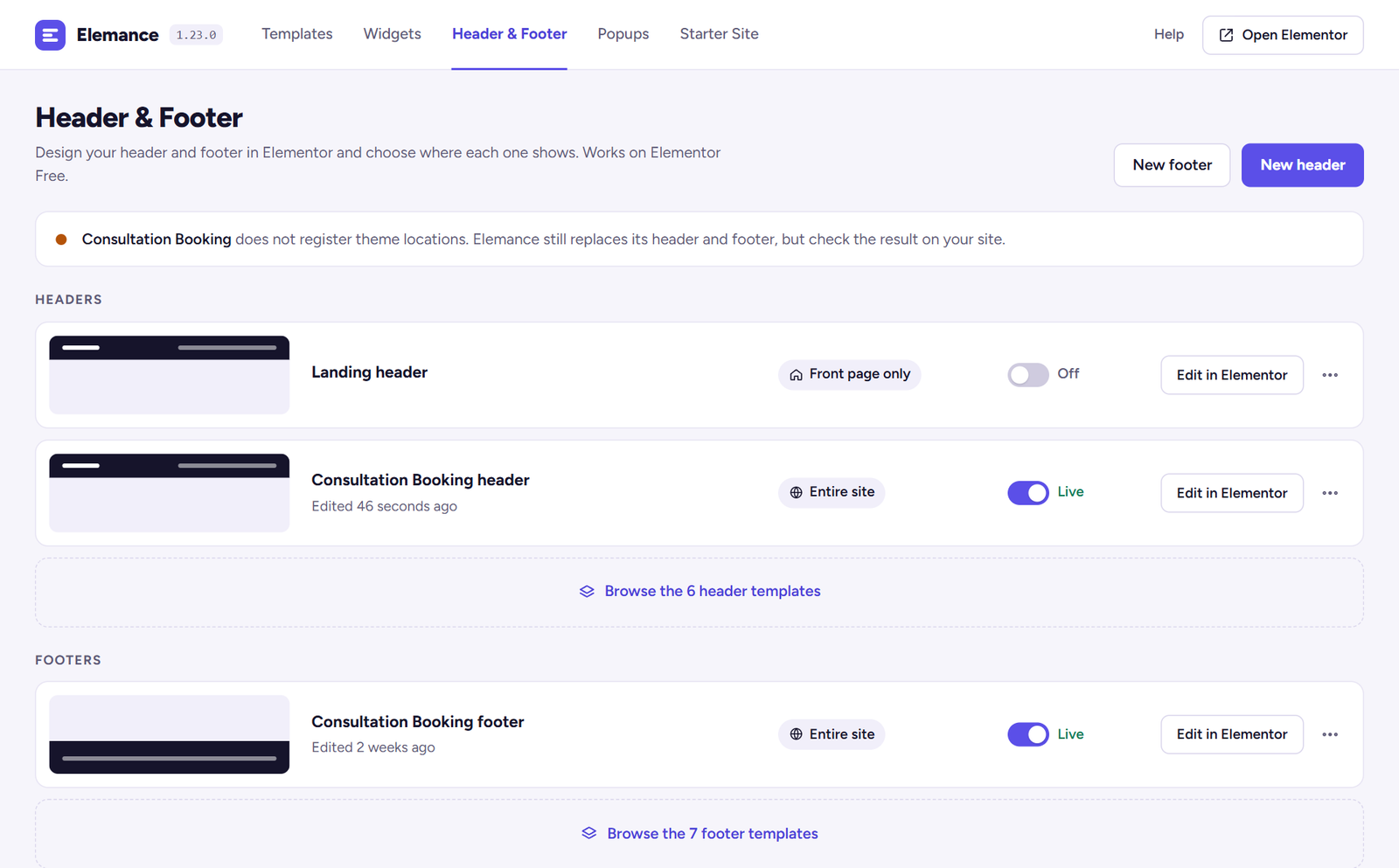 The Elemance Header and Footer screen listing headers and footers with live switches