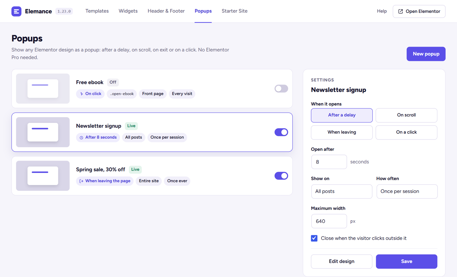 The Elemance Popups screen with a settings panel for the selected popup
