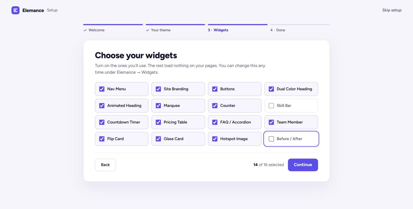 The Elemance setup wizard on the step where widgets are chosen