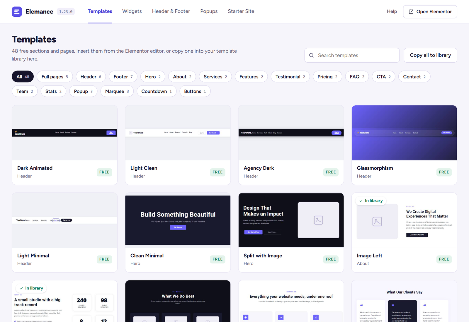 The Elemance Templates screen with category filters, search and template thumbnails