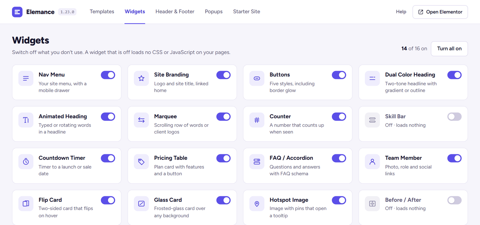 The Elemance Widgets screen with a switch for each widget