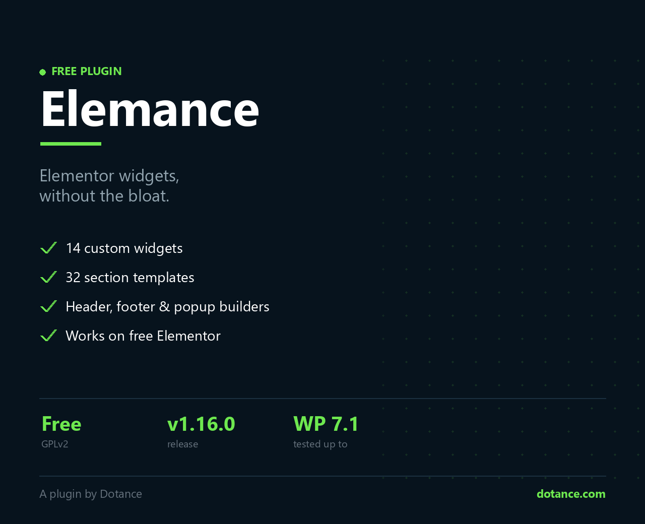 Elemance — free Elementor widgets plugin, 14 widgets and 32 templates