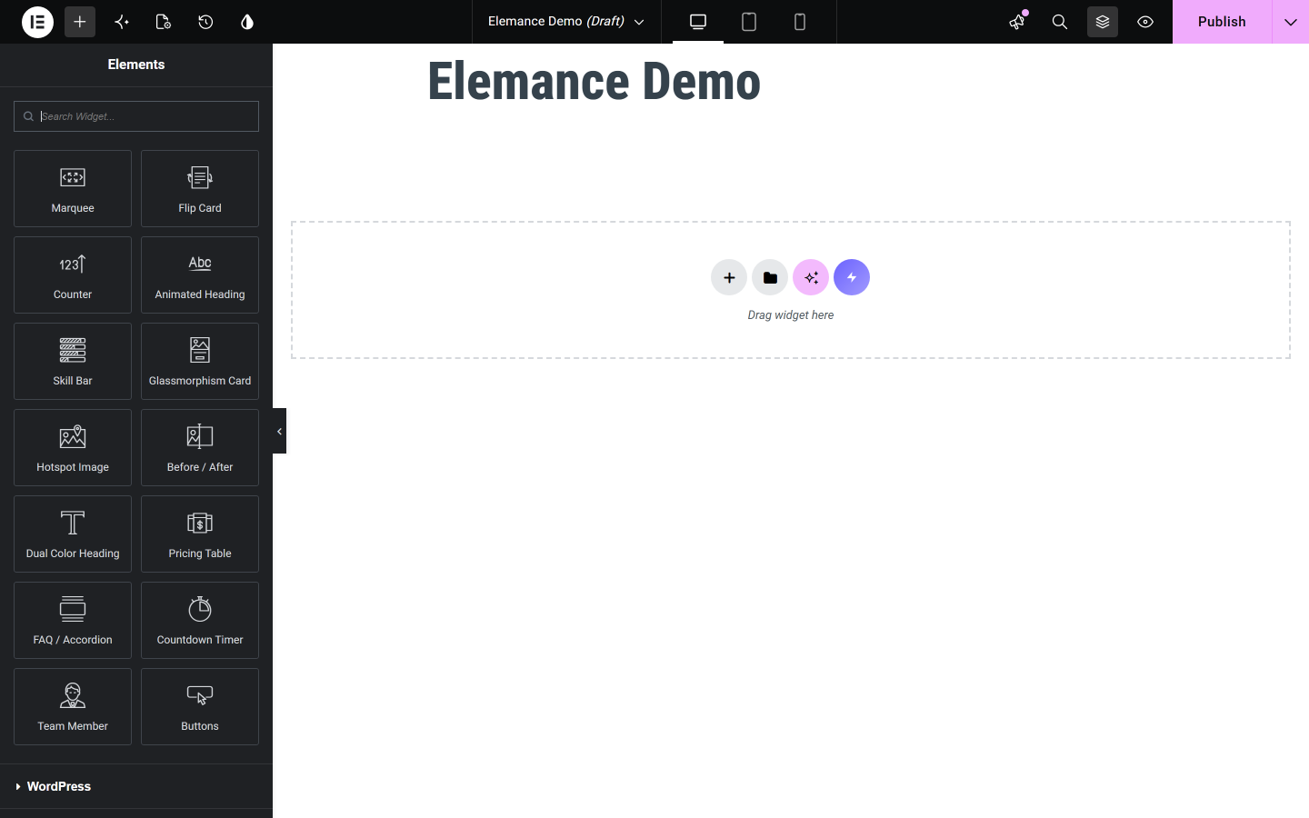 The 14 Elemance widgets listed in the Elementor editor panel
