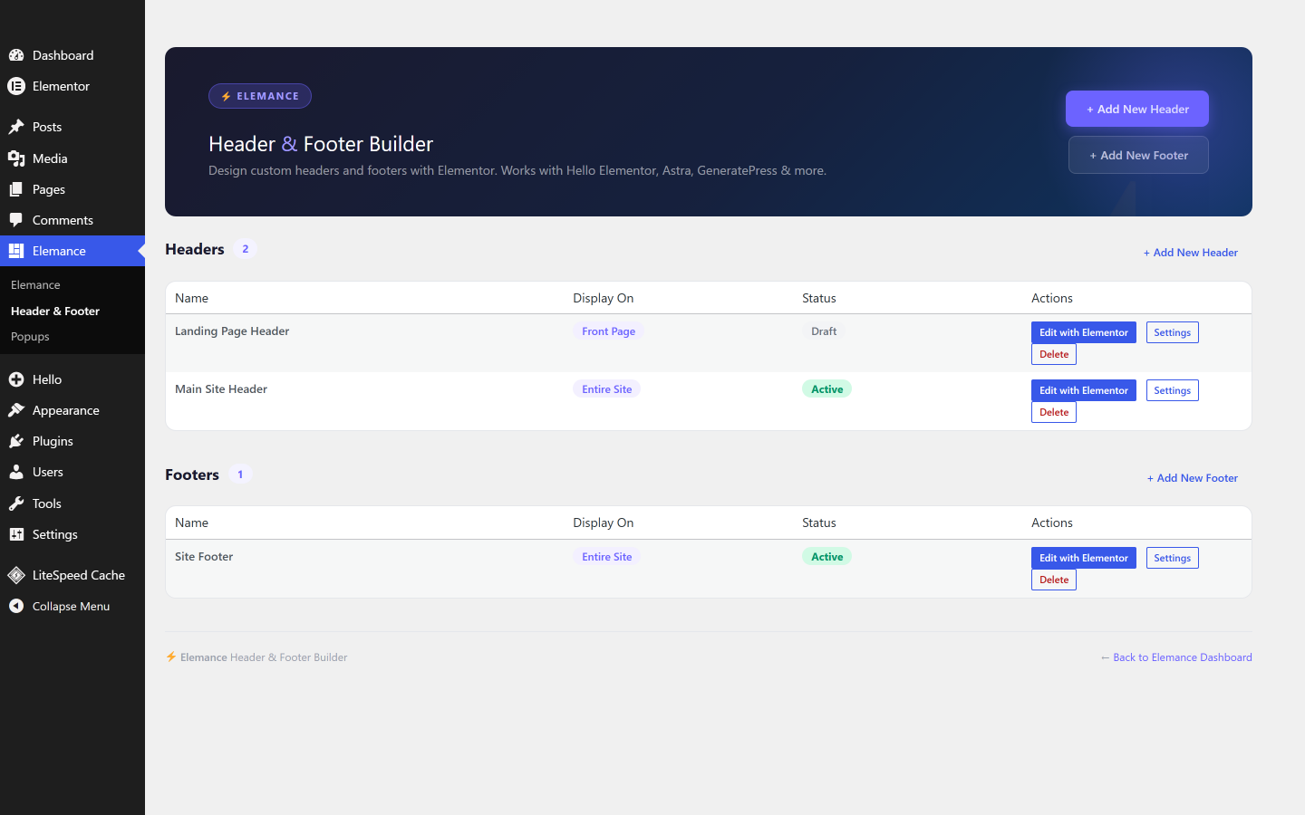 The Elemance header and footer builder admin screen