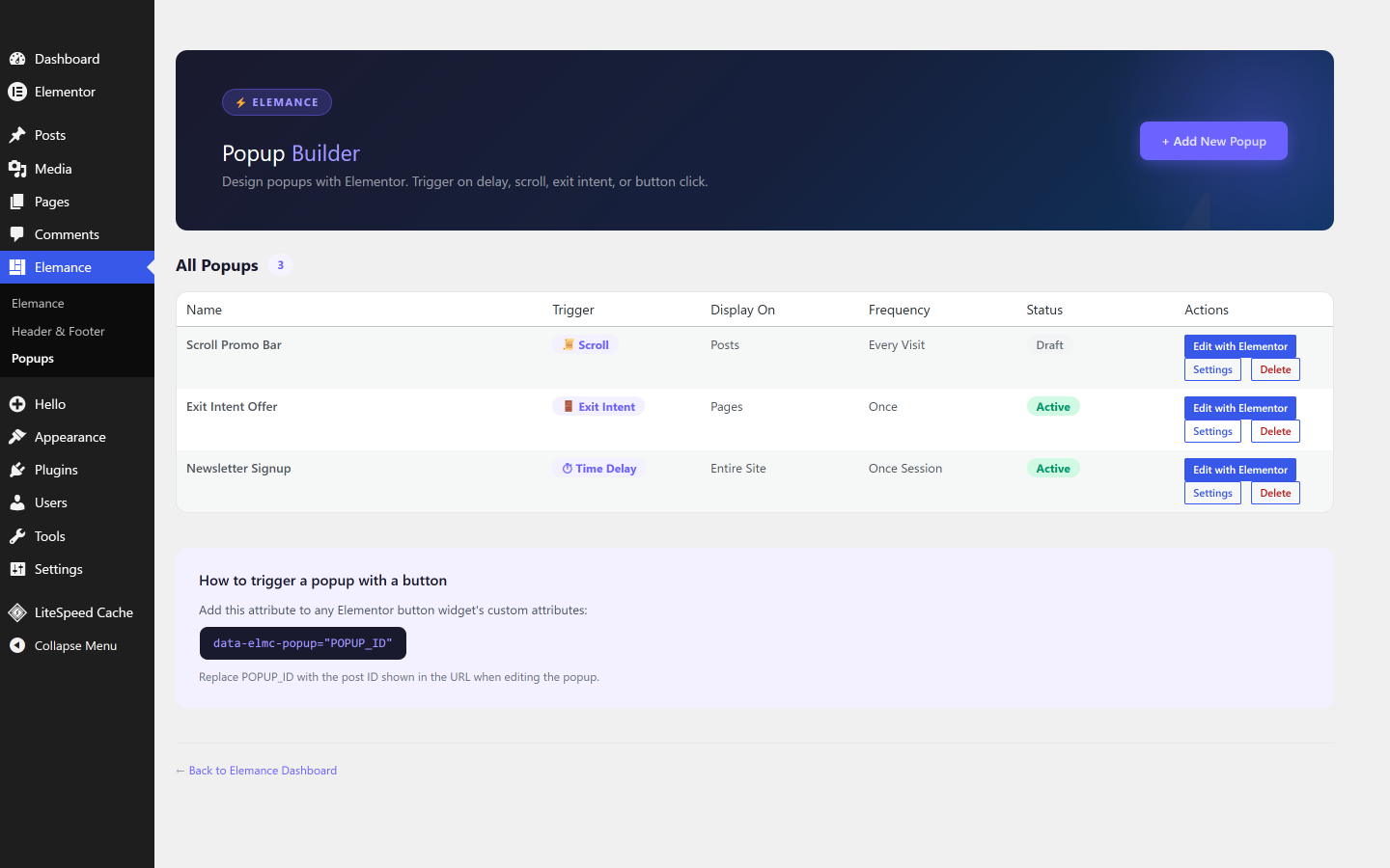 The Elemance popup builder listing popups and their triggers