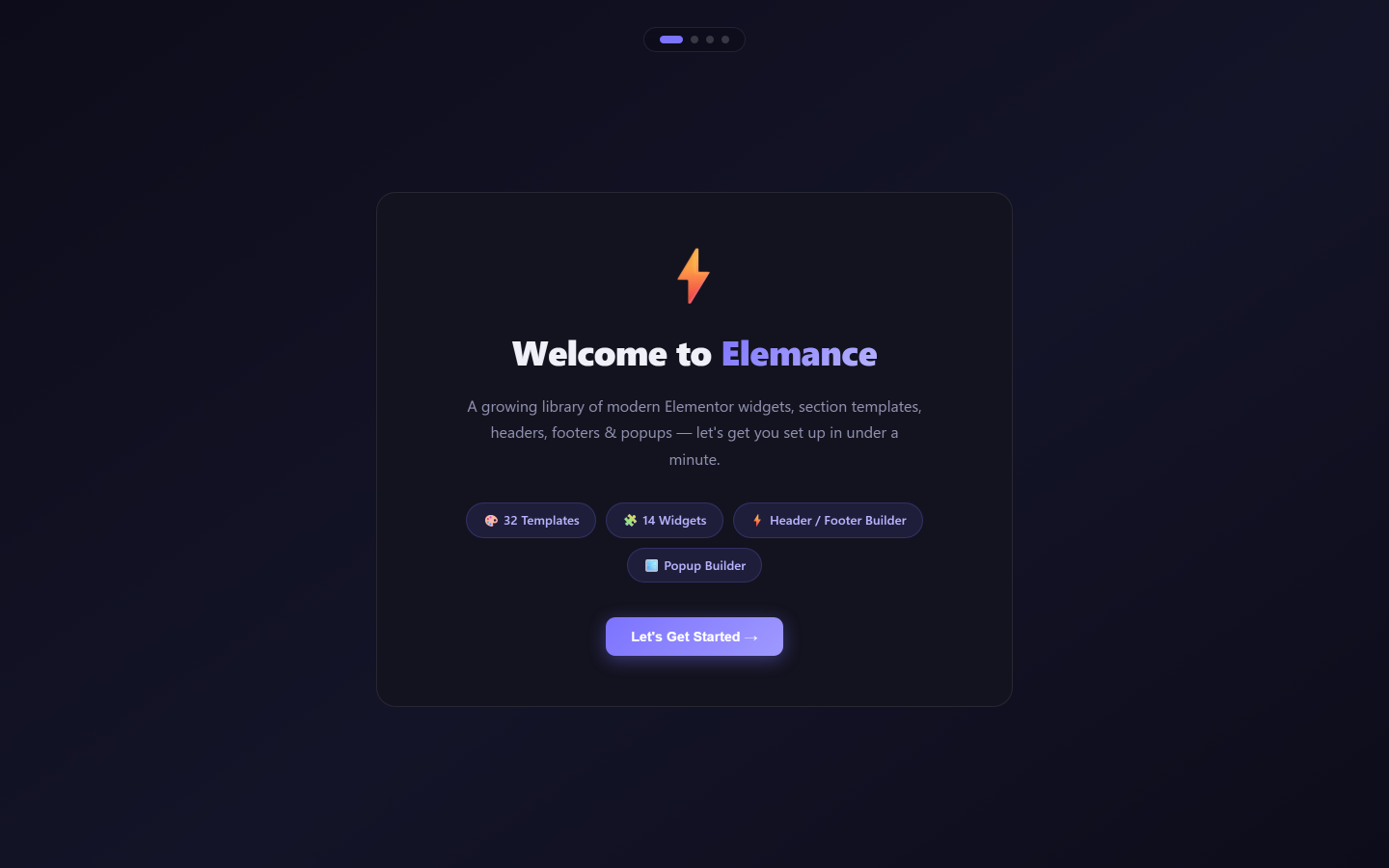 The Elemance setup wizard shown on first activation