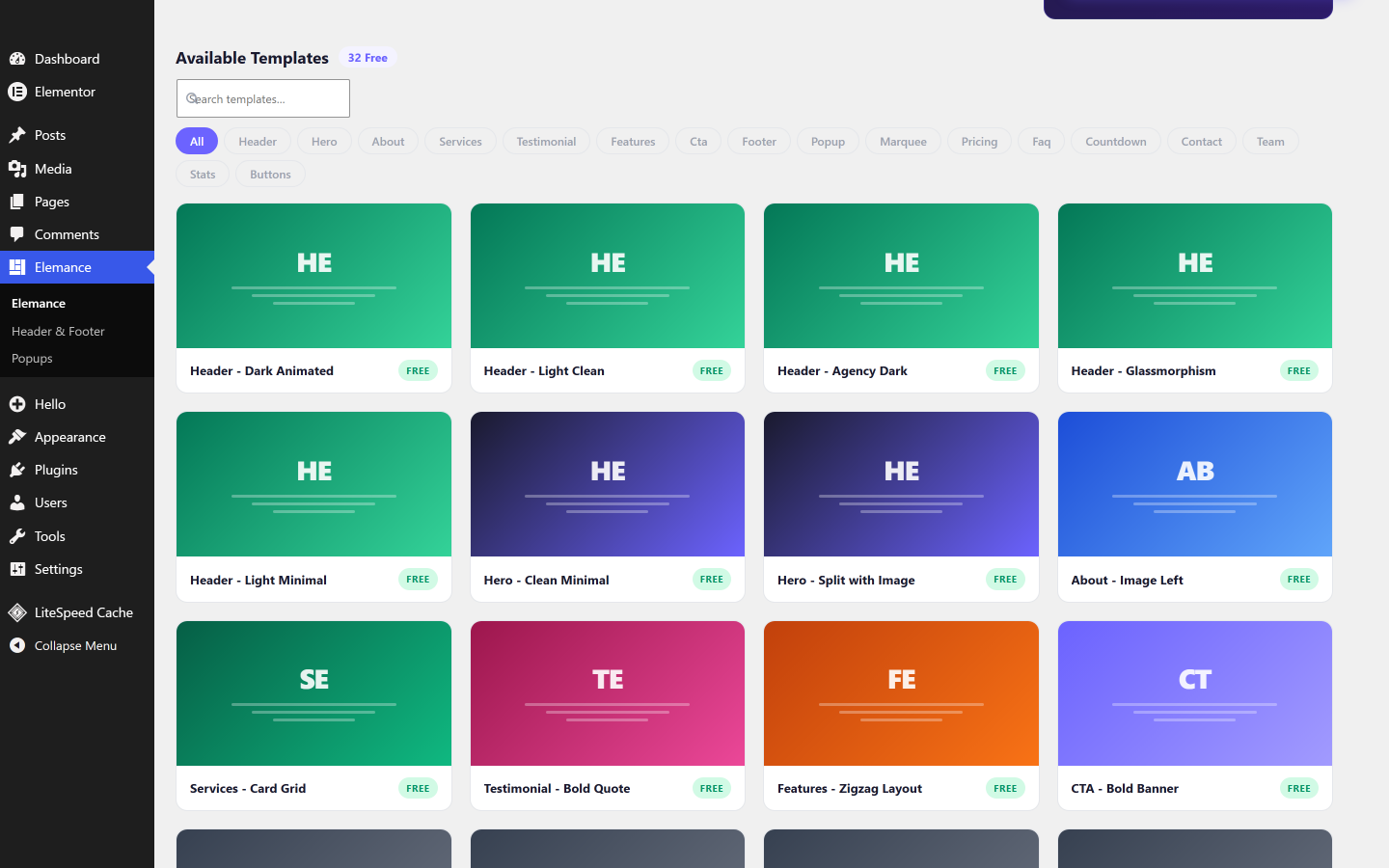 The Elemance template library with search and category filters