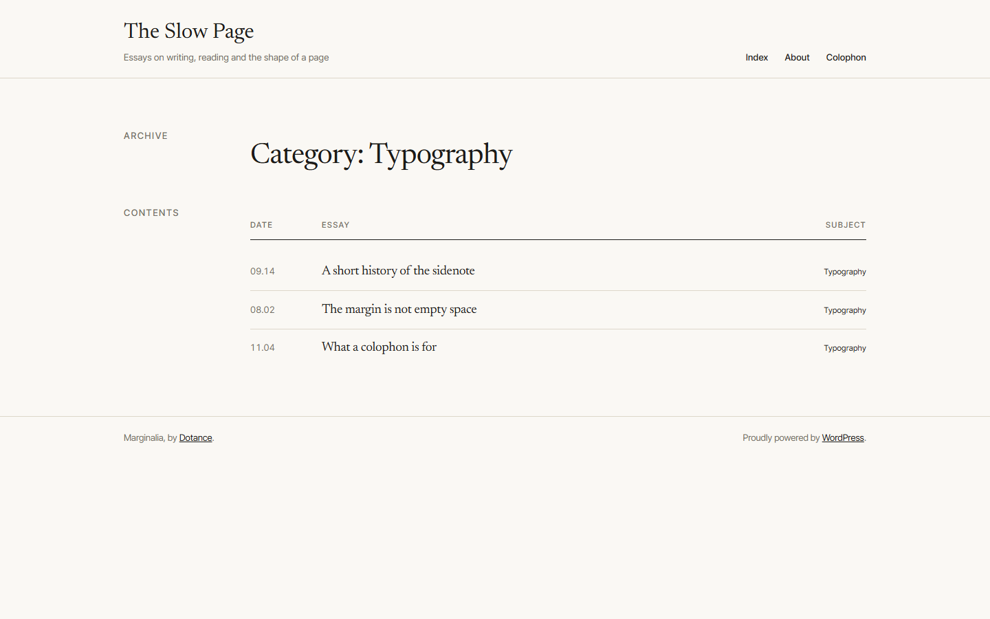 A category archive in the Marginalia WordPress theme