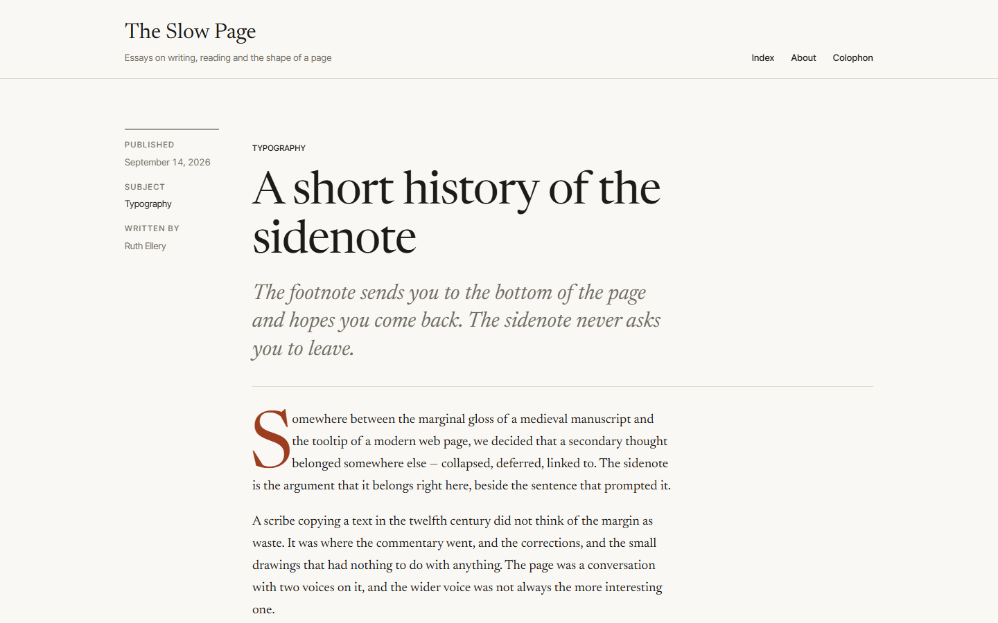 A WordPress theme for writers: an essay with its sidenote out in the right-hand margin