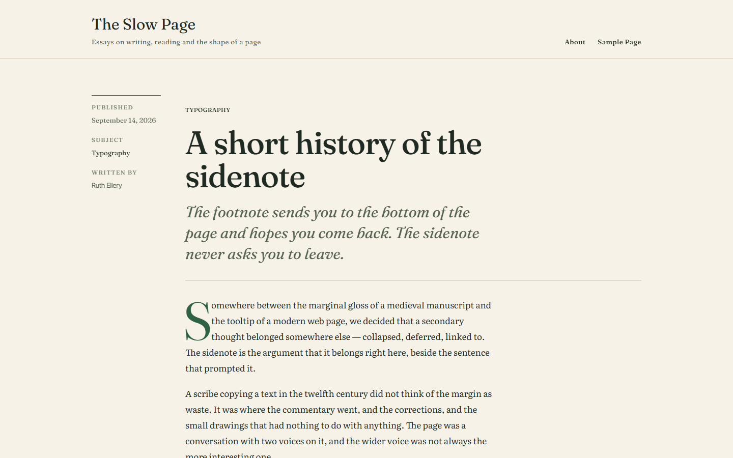 The Letter style variation of the Marginalia theme