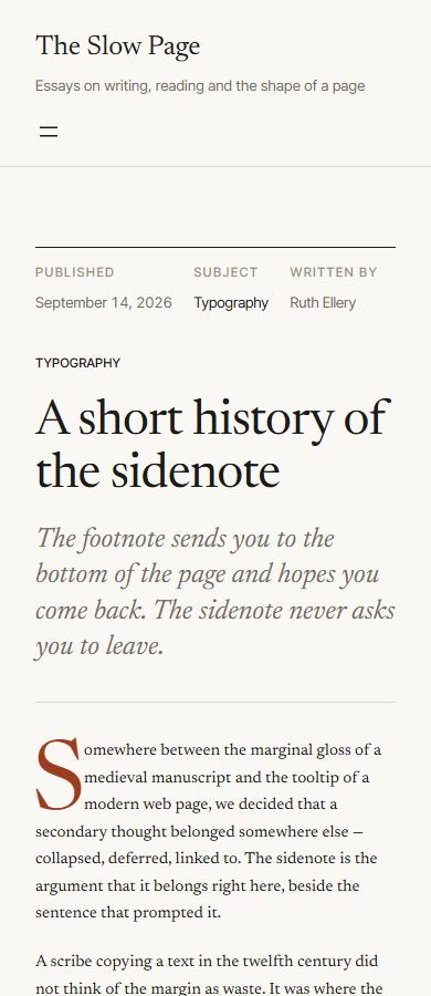 The Marginalia theme on a phone, with the sidenote back in the text column