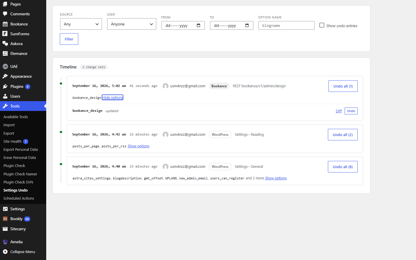 A Settings Undo change set expanded to show each option