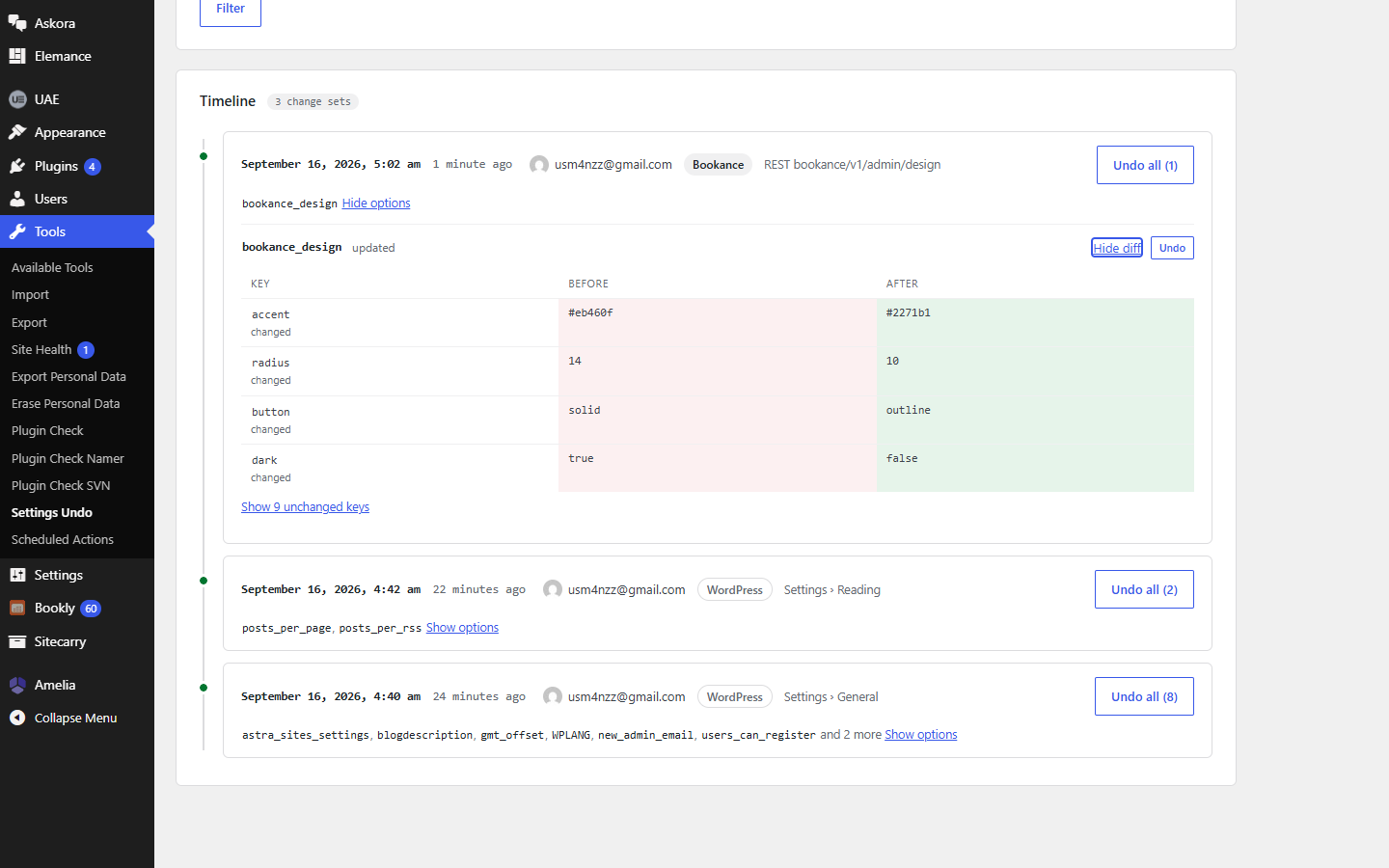 A key-level diff of an array option in Settings Undo